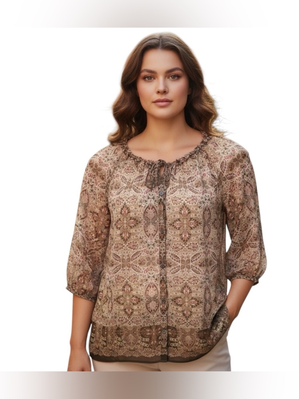 Liz Claiborne Plus Size Taupe Floral Paisley Peasant Blouse 2X